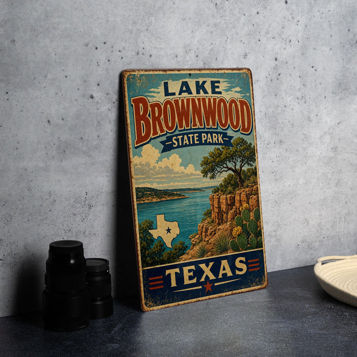 A vintage-style sign for Lake Brownwood State Park in Texas, featuring a scenic illustration of the park's landscape.