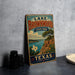 A vintage-style sign for Lake Brownwood State Park in Texas, featuring a scenic illustration of the park's landscape.