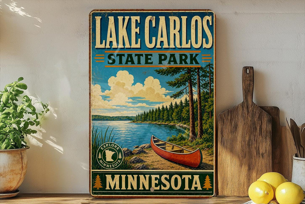 A vintage-style sign for Lake Carlos State Park in Minnesota, featuring a canoe on a lake surrounded by pine trees.