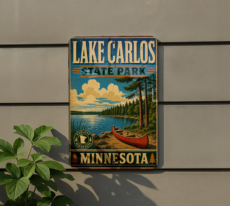 A vintage-style sign for Lake Carlos State Park in Minnesota, featuring a canoe and a scenic landscape.