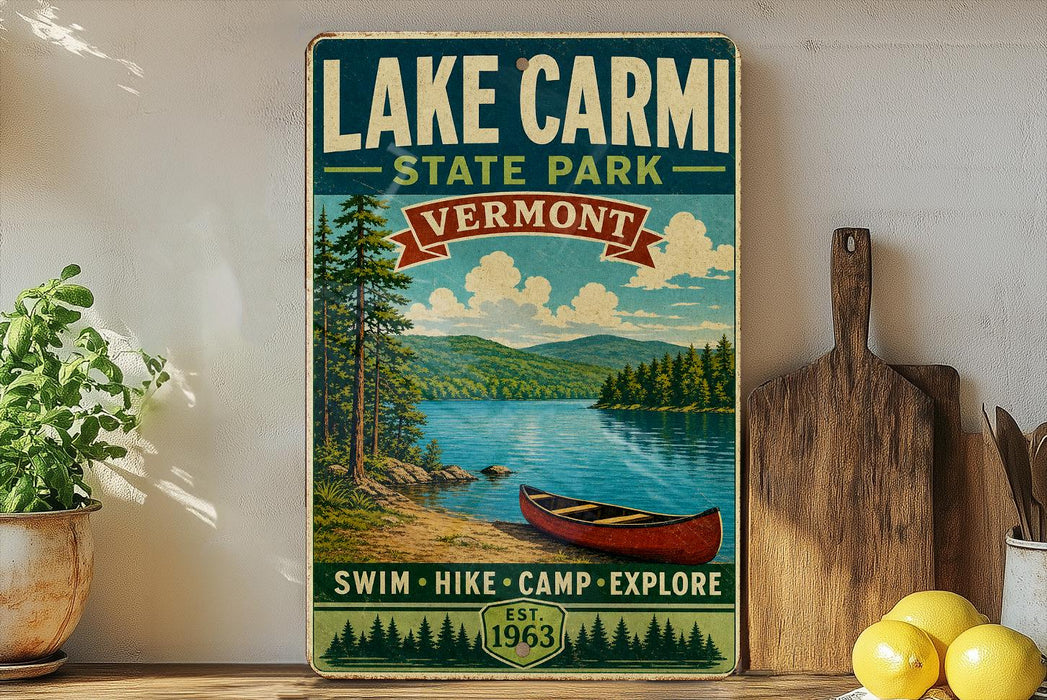 A vintage-style sign for Lake Carmi State Park in Vermont, featuring a scenic image of a lake, mountains, and a red canoe.