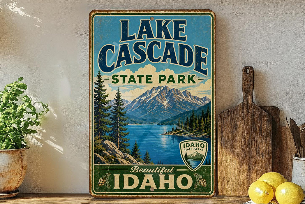 A vintage-style sign for Lake Cascade State Park in Idaho, featuring a scenic mountain landscape and a lake.