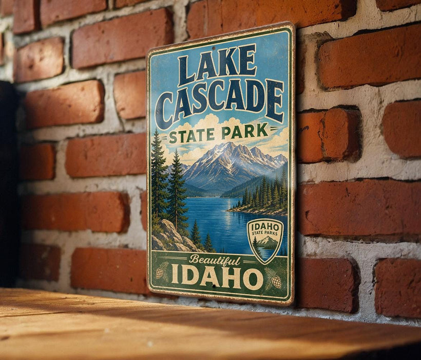 A vintage-style sign for Lake Cascade State Park in Idaho, featuring a scenic mountain landscape and a lake.