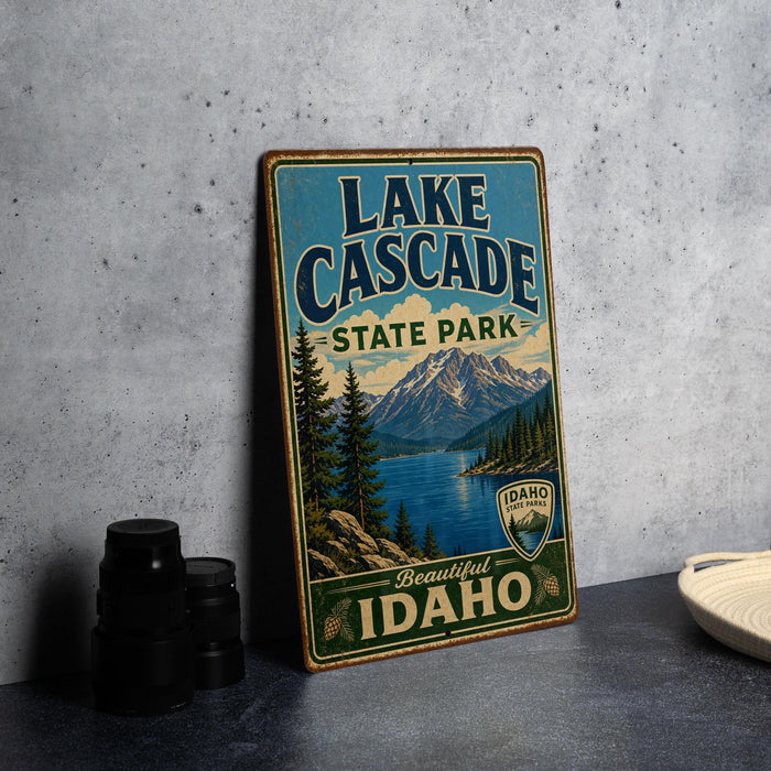 A vintage-style sign for Lake Cascade State Park in Idaho, featuring a scenic mountain landscape and water.