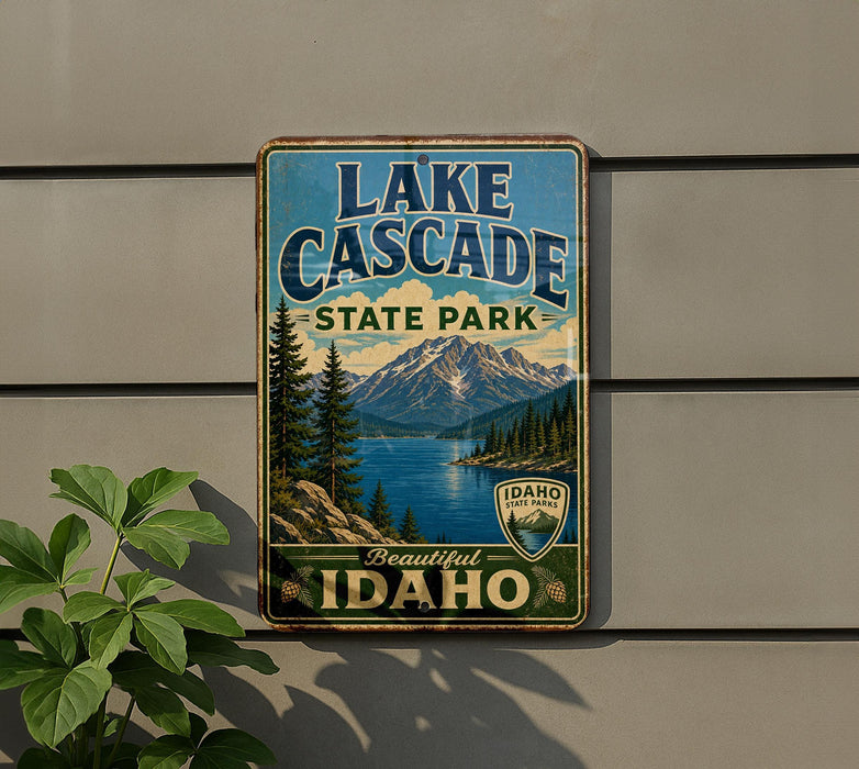 A vintage-style metal sign for Lake Cascade State Park in Idaho, featuring a scenic mountain landscape and a lake.