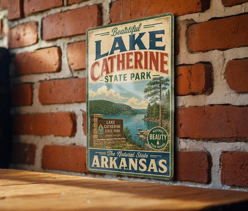 A vintage-style sign for Lake Catherine State Park in Arkansas, featuring a scenic landscape with a lake, mountains, and a sign indicating the park's name.