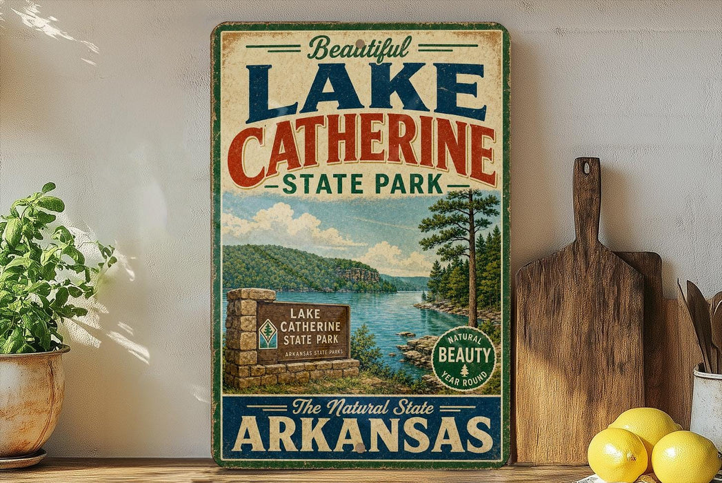 A vintage-style sign for Lake Catherine State Park in Arkansas, featuring a scenic landscape with a lake, mountains, and pine trees.