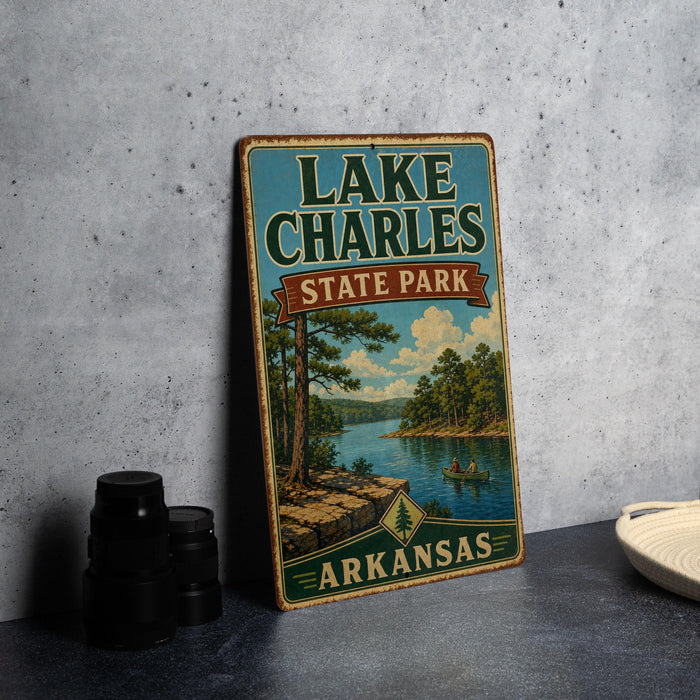 A vintage-style sign for Lake Charles State Park in Arkansas, featuring a scenic illustration of a lake surrounded by pine trees and mountains.