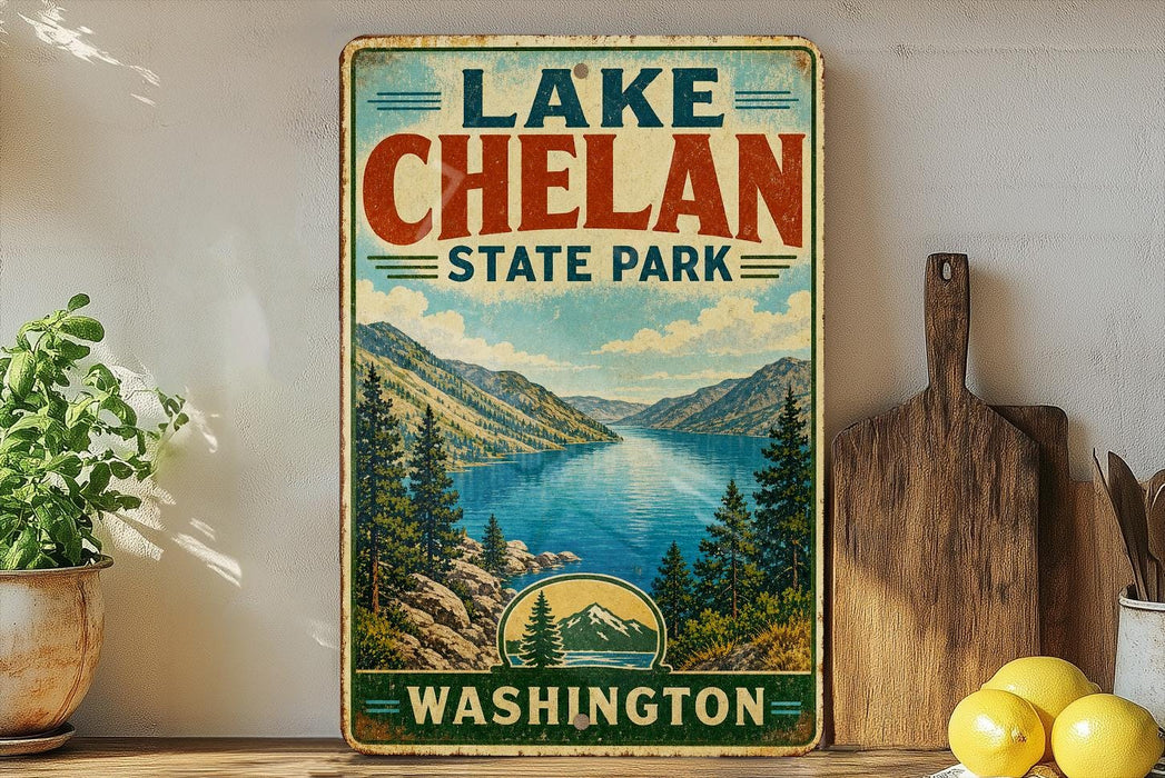 A vintage-style sign for Lake Chelan State Park in Washington, featuring a scenic mountain landscape with a lake and pine trees.