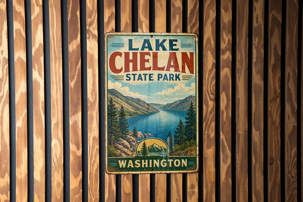 A vintage metal sign for Lake Chelan State Park in Washington, featuring a scenic mountain landscape and a lake.