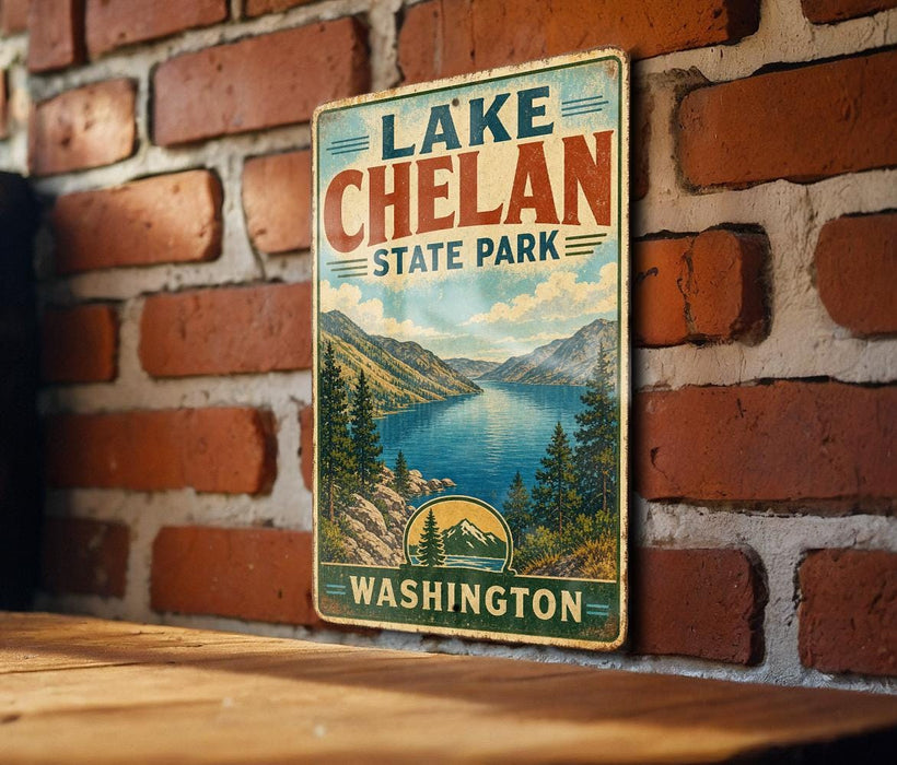 A vintage-style metal sign for Lake Chelan State Park in Washington, featuring a scenic mountain landscape and a lake.
