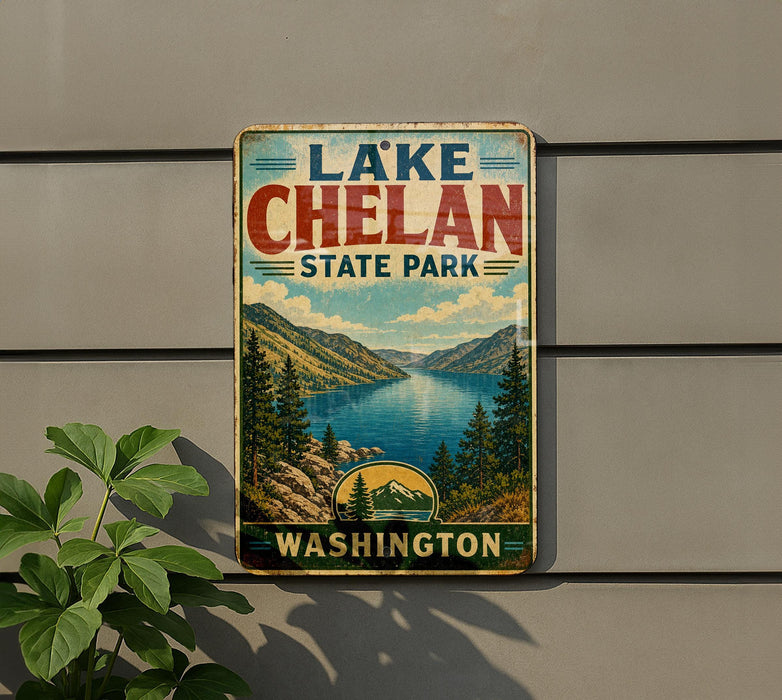 A vintage-style sign for Lake Chelan State Park in Washington, featuring a scenic landscape with mountains, trees, and a lake.