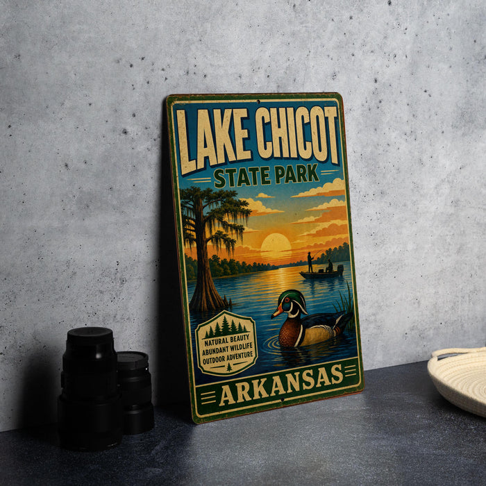 A vintage-style sign for Lake Chicot State Park in Arkansas, featuring a sunset scene with ducks swimming in the water.