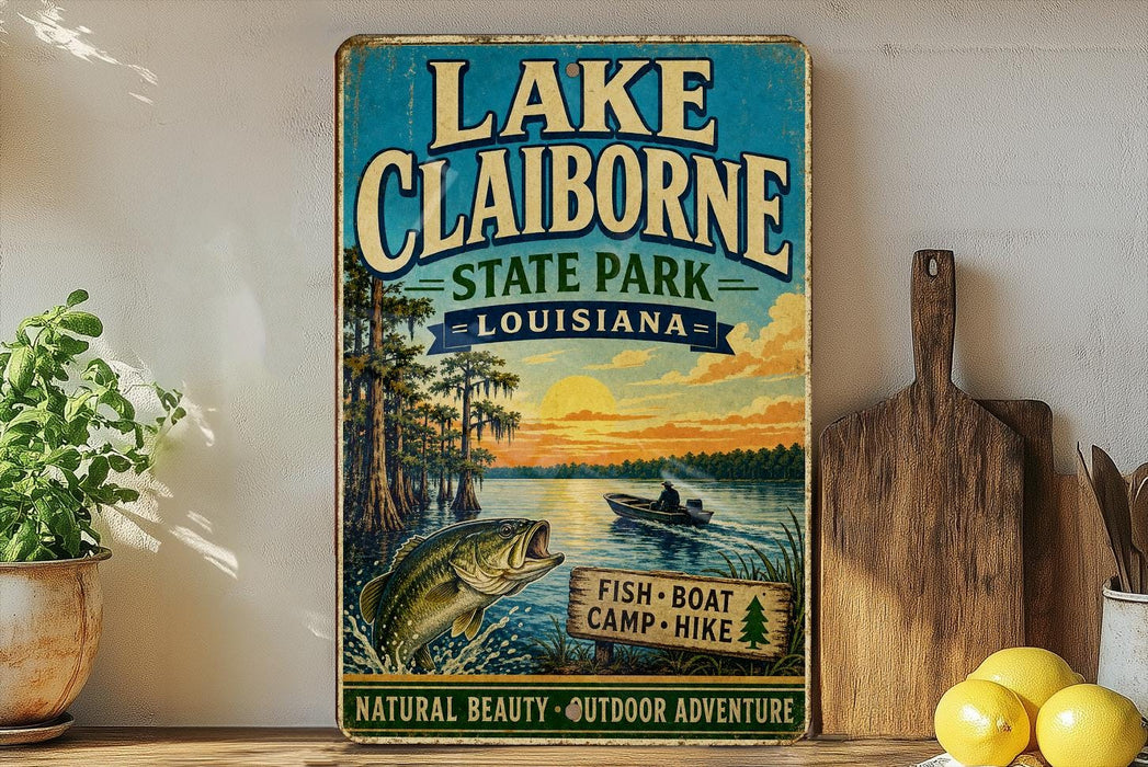 A vintage-style sign for Lake Claiborne State Park in Louisiana, featuring a fishing scene and a boat on the water.