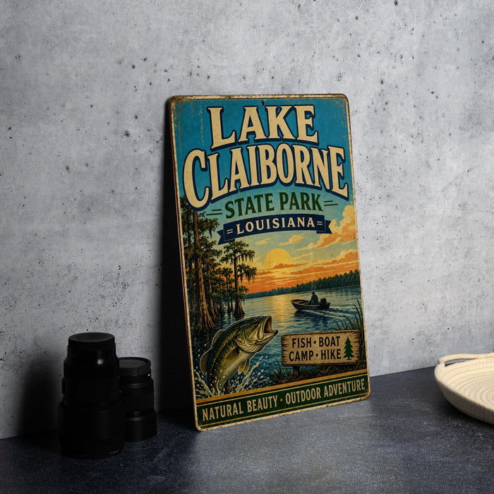 A vintage-style sign for Lake Claiborne State Park in Louisiana, featuring an illustration of a lake, trees, and a fish.