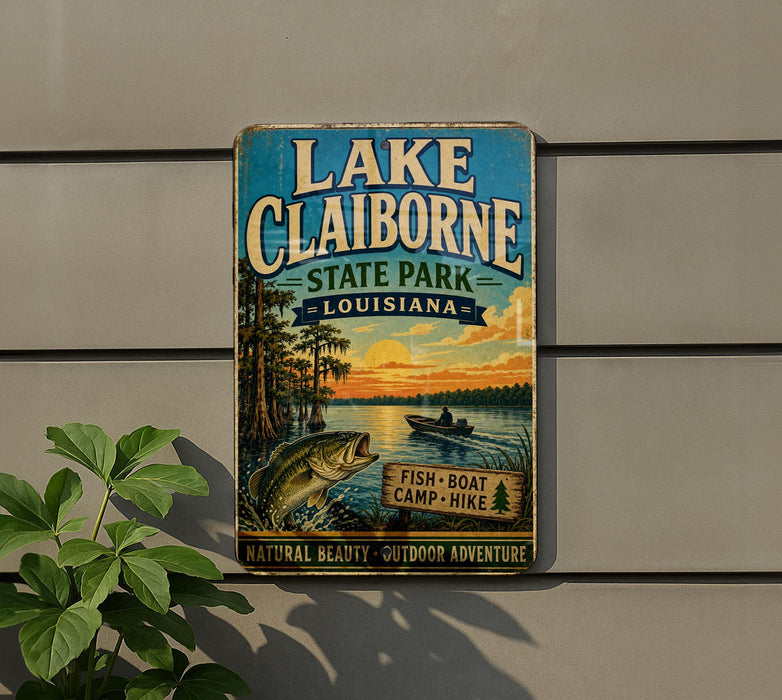 A vintage-style sign for Lake Claiborne State Park in Louisiana, featuring a scenic illustration of a lake, palm trees, and a sunset.