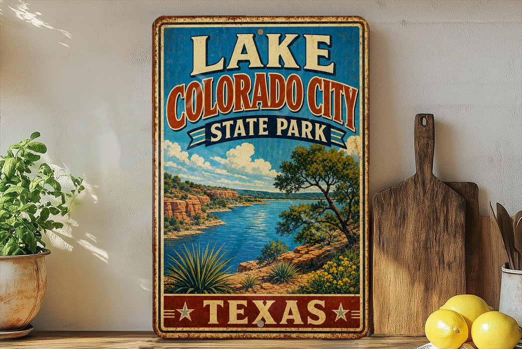 A vintage-style sign for Lake, Colorado City, State Park, and Texas, featuring a scenic landscape with a lake, mountains, and desert.