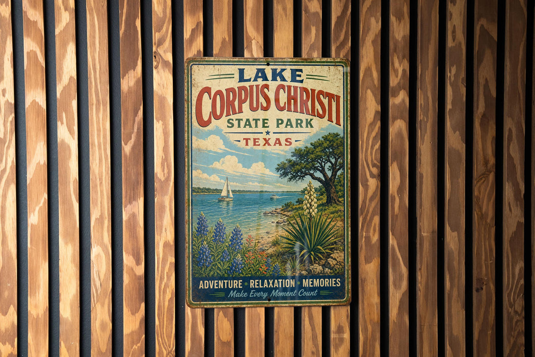 A vintage metal sign for LakeCorp Christi State Park in Texas, featuring a scenic landscape with a lake, palm trees, and a sailboat.