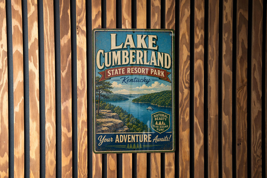 A vintage-style sign for Lake Cumberland State Resort Park in Kentucky, featuring a scenic landscape with a lake, mountains, and a boat.