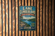 A vintage-style sign for Lake Cumberland State Resort Park in Kentucky, featuring a scenic landscape with a lake, mountains, and a boat.