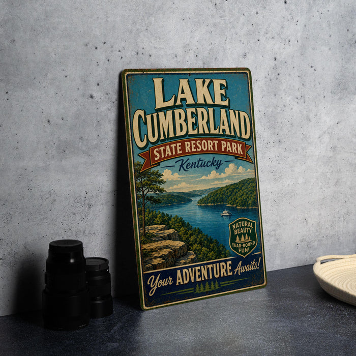 A vintage-style metal sign for Lake Cumberland State Resort Park in Kentucky, featuring a scenic landscape with a lake, mountains, and a boat.