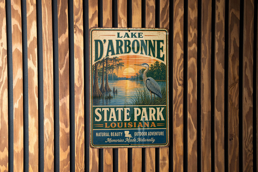 A vintage metal sign for Lake D'Arbonne State Park in Louisiana, featuring a scenic illustration of a sunset over a body of water with a bird in the foreground.