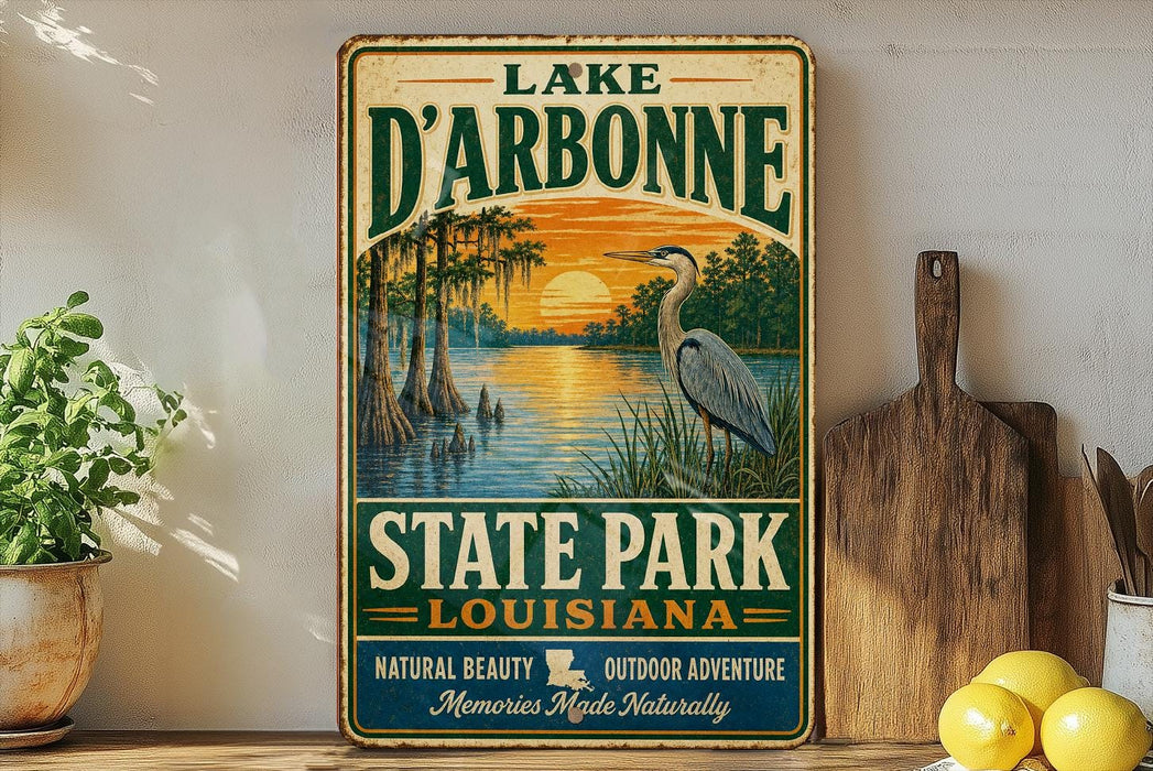 A vintage-style sign for Lake D'Arbonne State Park in Louisiana, featuring a scenic illustration of a lake, palm trees, and a bird.