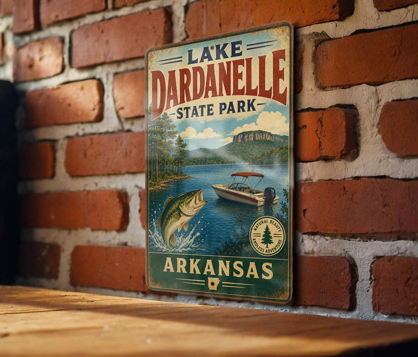 A vintage-style metal sign for Lake Dardanelle State Park in Arkansas, featuring a scenic illustration of a lake, mountains, and a boat.