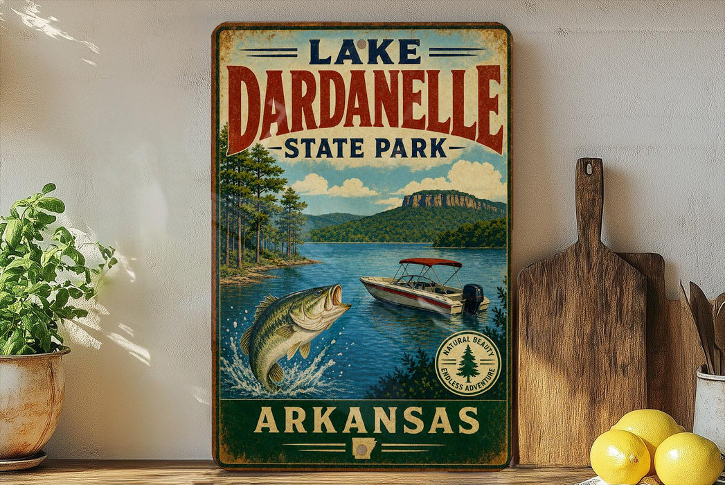 A vintage-style sign for Lakeardelle State Park in Arkansas, featuring a scenic illustration of a lake, mountains, and a boat.