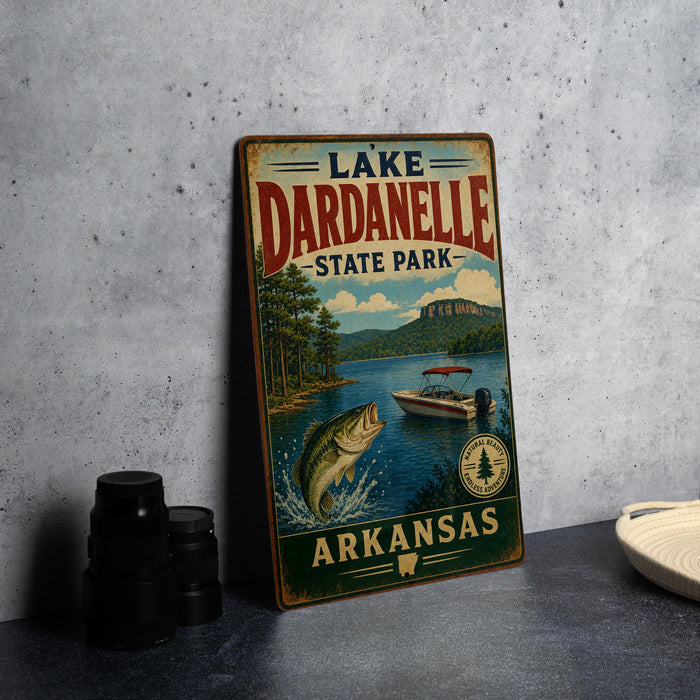 A vintage-style sign for Lake Dardanelle State Park in Arkansas, featuring a scenic illustration of a lake, mountains, and boats.