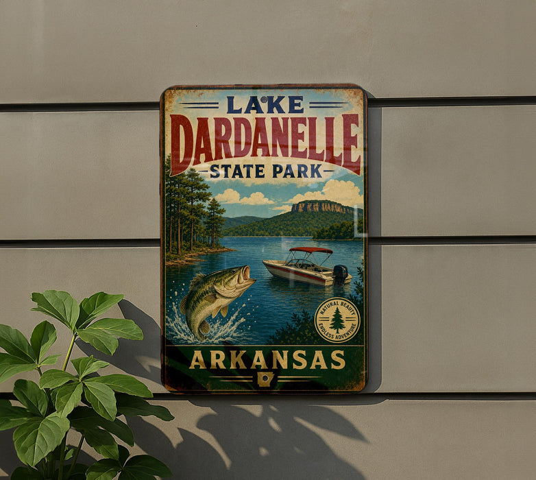 A vintage-style sign for Lakeardelle State Park in Arkansas, featuring a scenic image of a lake with a fish leaping out of the water and a boat on the water.