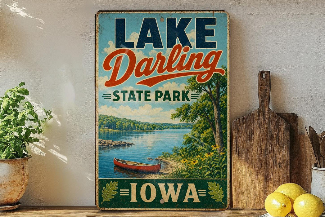 A vintage-style sign for Lake Darling State Park in Iowa, featuring a scenic illustration of a lake, canoe, and surrounding landscape.