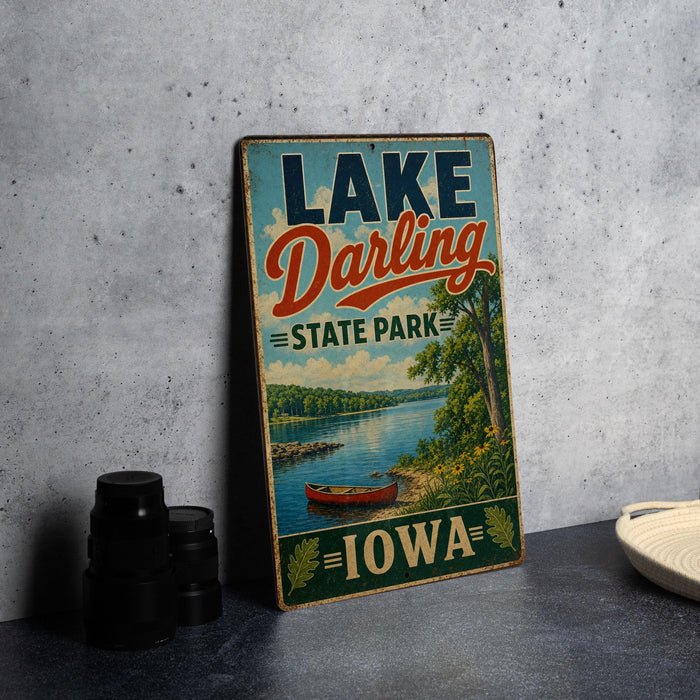 A vintage-style sign for Lake Darling State Park in Iowa, featuring a scenic illustration of a lake, canoe, and surrounding landscape.