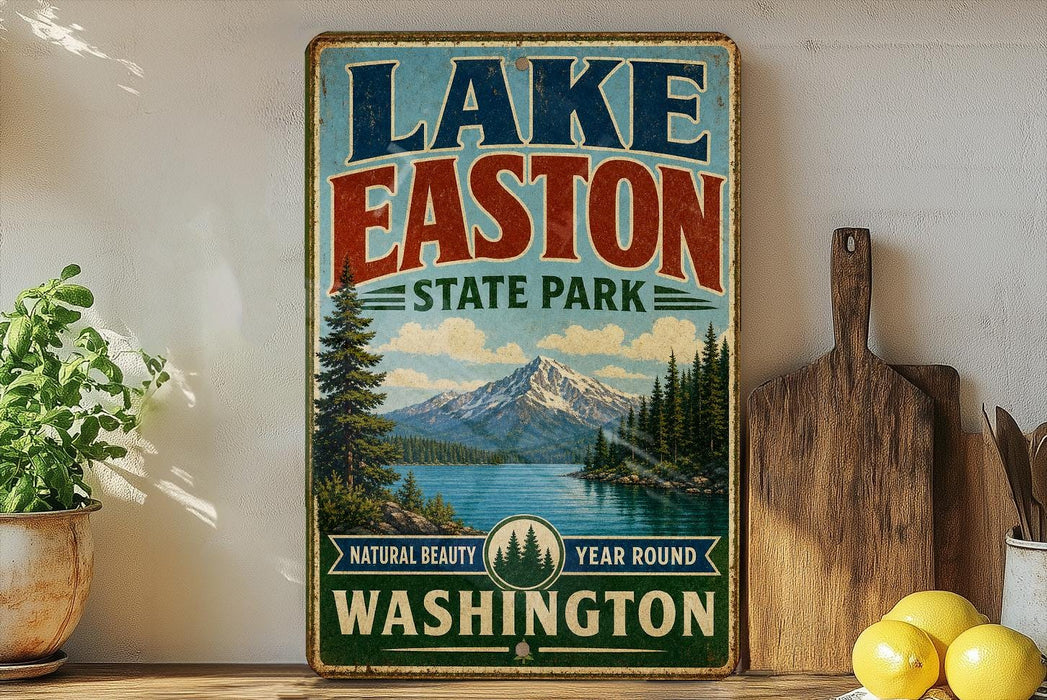 A vintage-style sign for Lake Easton State Park in Washington, featuring a scenic mountain landscape and a lake.