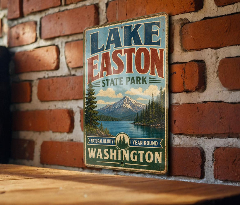 A vintage-style sign for Lake Easton State Park in Washington, featuring a scenic mountain landscape and a lake.