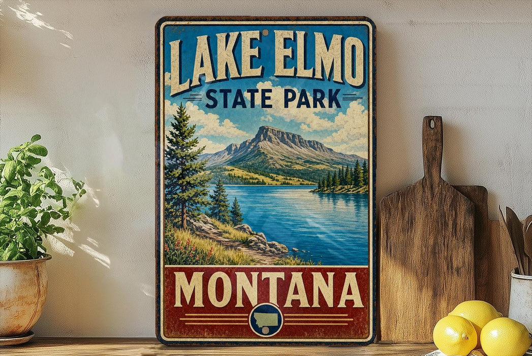 A vintage-style sign for Lake Elmo State Park in Montana, featuring a scenic landscape with a lake, mountains, and pine trees.
