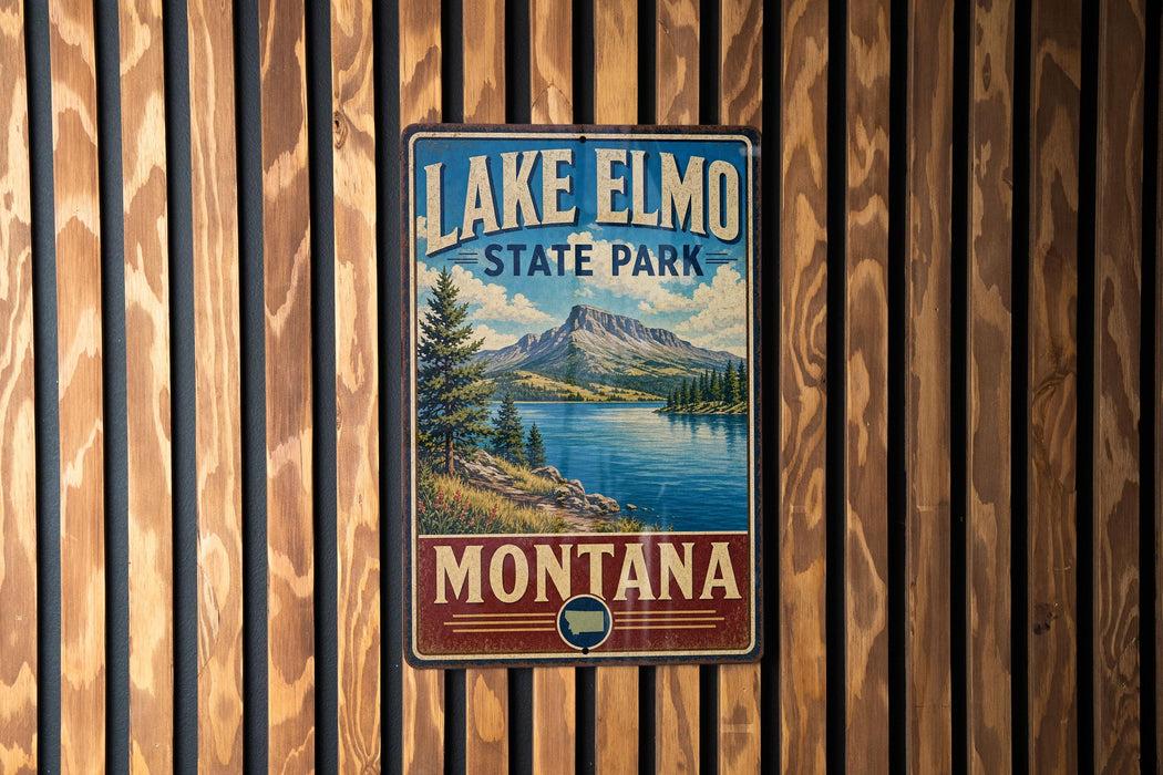 A vintage-style metal sign for Lake Elmo State Park in Montana, featuring a scenic mountain landscape and a lake.