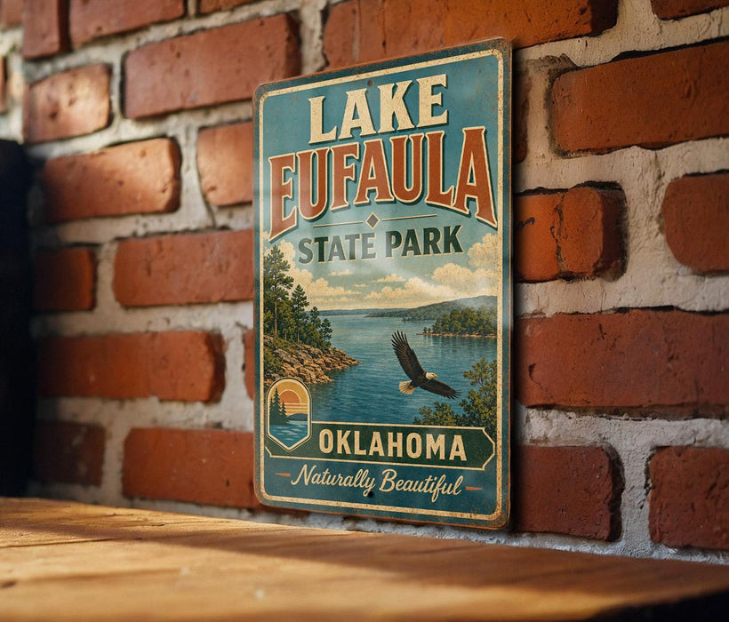 A vintage-style sign for Lake Eufaula State Park in Oklahoma, featuring a scenic landscape with a lake, mountains, and an eagle in flight.