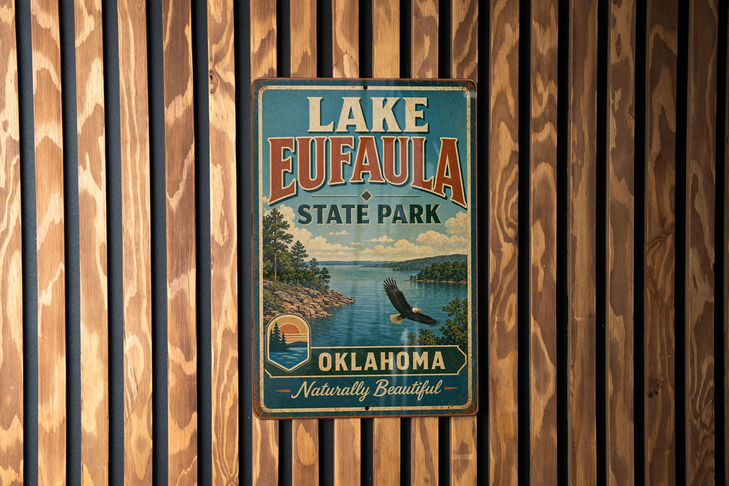 A vintage-style metal sign for Lake Eufaula State Park in Oklahoma, featuring a scenic landscape with a lake, mountains, and a bald eagle.