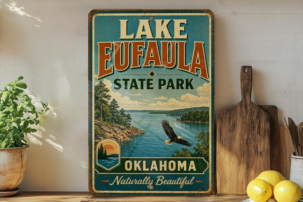 A vintage-style sign for Lake Eufaula State Park in Oklahoma, featuring a scenic landscape with a lake, mountains, and an eagle in flight.