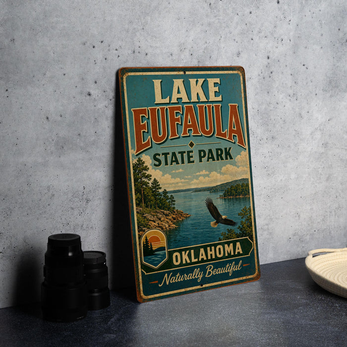 A vintage-style sign for Lake Eufaula State Park in Oklahoma, featuring a scenic landscape with a lake, mountains, and an eagle in flight.