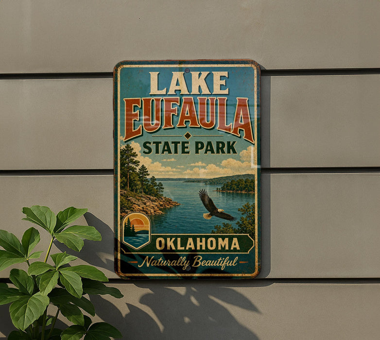 A vintage-style sign for Lake Eufaula State Park in Oklahoma, featuring a scenic landscape with a lake, mountains, and a bald eagle in flight.