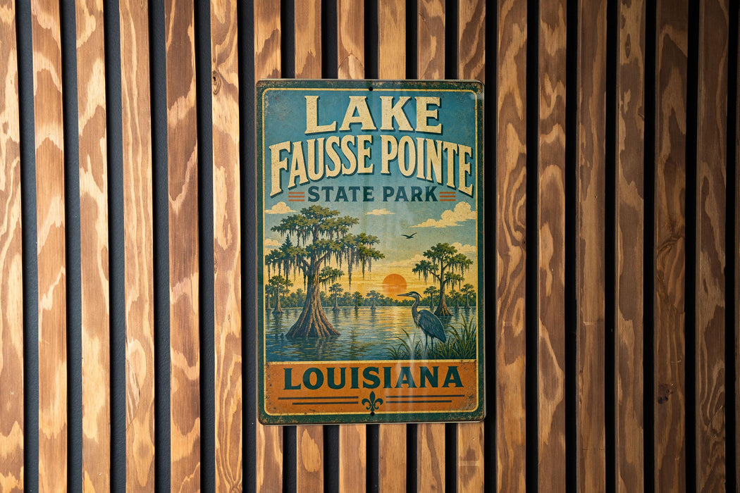 A vintage-style metal sign for Lake Fausse Pointe State Park in Louisiana, featuring a scenic illustration of the park's natural surroundings.