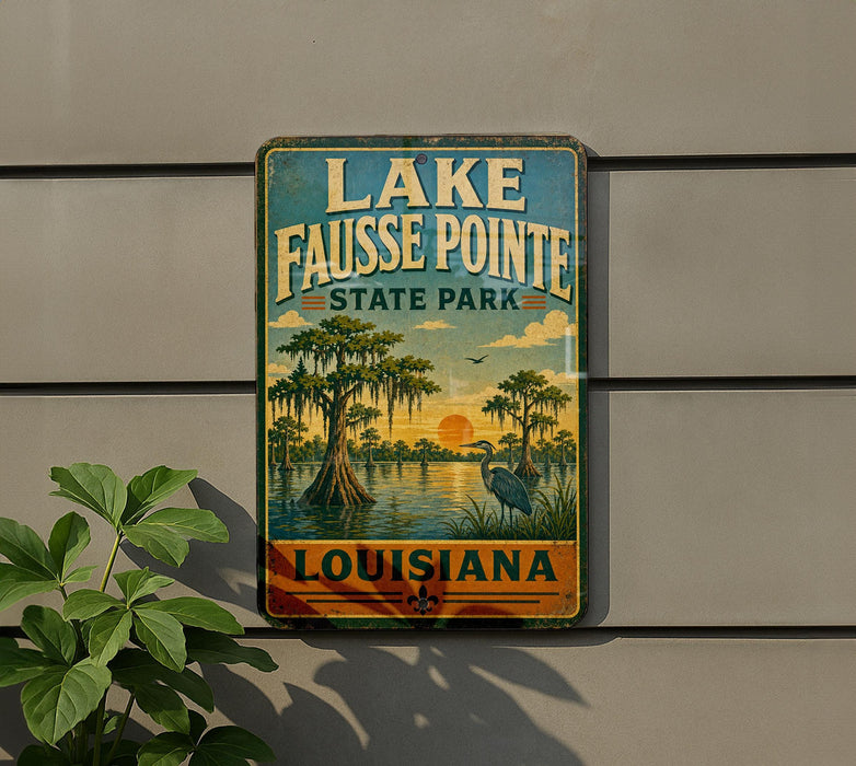A vintage-style sign for Lake Fausse Pointe State Park in Louisiana, featuring a scenic illustration of a bayou landscape with a bird and palm trees.