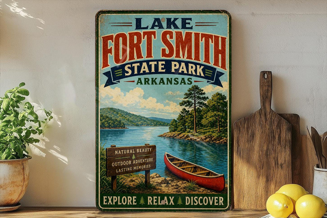 A vintage-style sign for Lake Fort Smith State Park in Arkansas, featuring a scenic illustration of a lake, mountains, and a canoe.