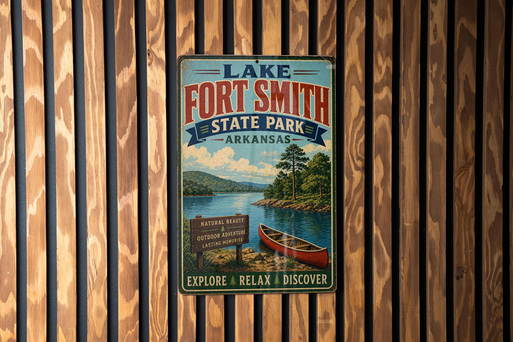 A vintage-style metal sign for Lake Fort Smith State Park in Arkansas, featuring a scenic image of a lake, canoe, and mountains.