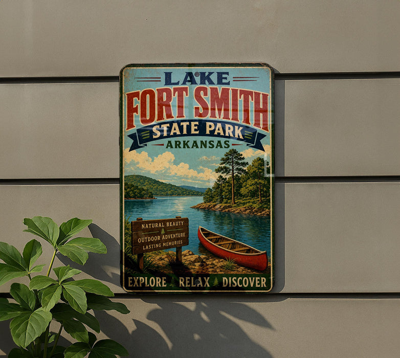 A vintage-style sign for Lake Fort Smith State Park in Arkansas, featuring a scenic image of a lake, a canoe, and a forested shoreline.