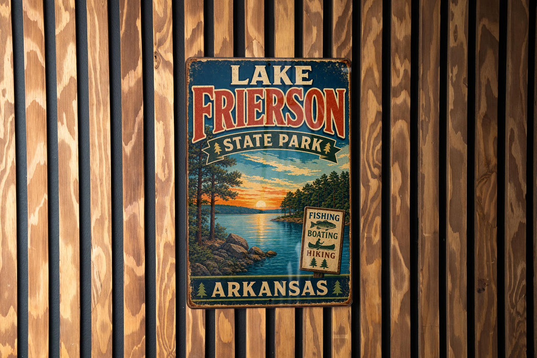 A vintage metal sign for Lake Frieson State Park in Arkansas, featuring a scenic landscape with a sunset over the lake and trees in the background.