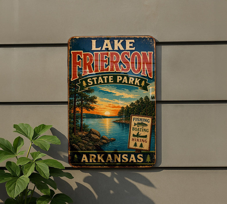 A vintage-style sign for Lake Frierson State Park in Arkansas, featuring a scenic landscape with a lake, trees, and a sunset.