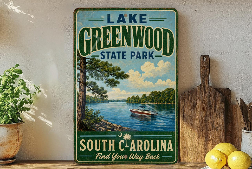 A vintage-style sign for Lake Greenwood State Park in South Carolina, featuring a scenic image of a lake with a boat and trees.
